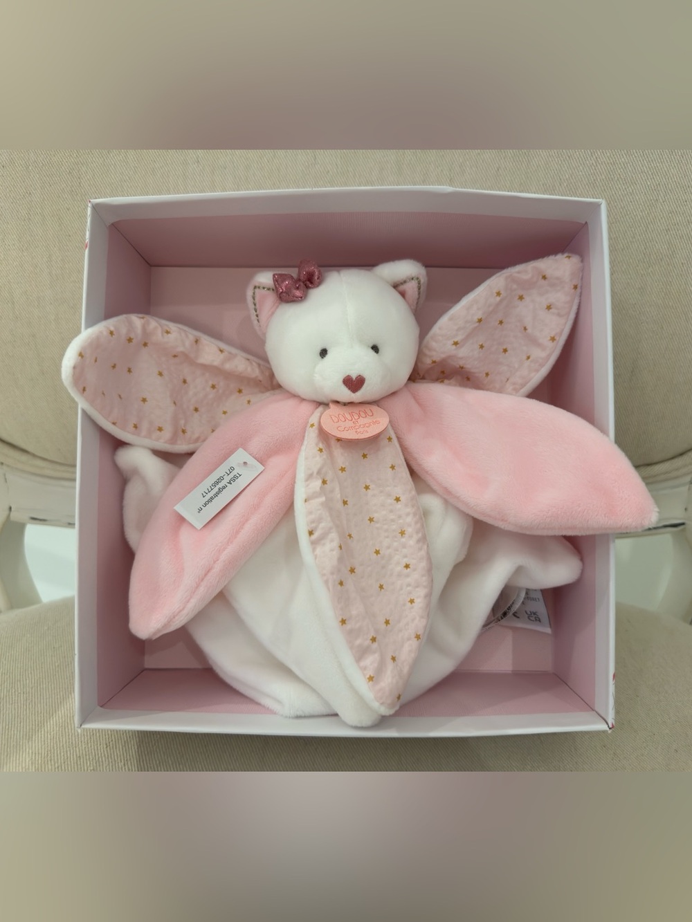 Doudou Et Compagnie Paris Pink & White Plush Kitty Cat Baby Lovey Blanket NWT